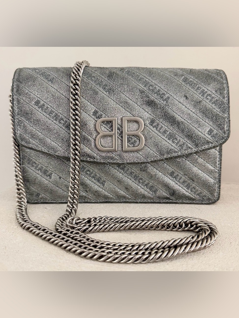 Balenciaga Metallic Silver Bb Monogram Chain Wallet Crossbody Bag